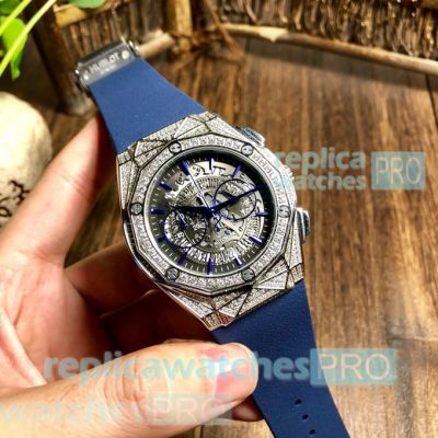 Copy Hublot Watches Classic Fusion Silver Diamond Bezel With Blue Rubber Strap